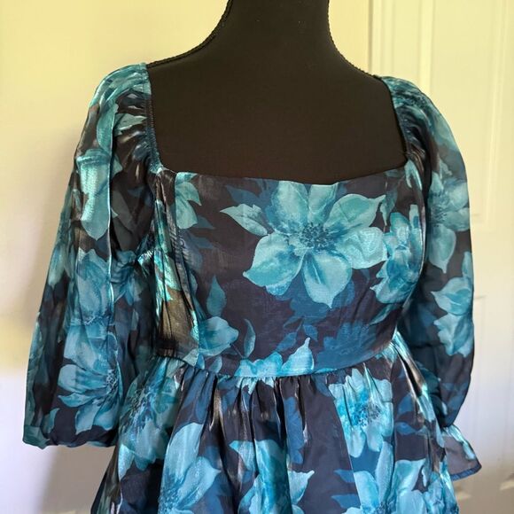 Thirty Thirty Blue Floral Babydoll Sheer Dress 3/4 Sleeve M - Picture 4 of 7
